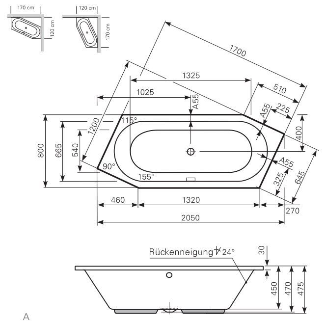 Ванна Mauersberger 1112000101 Ovata asym 205x80 схема 1