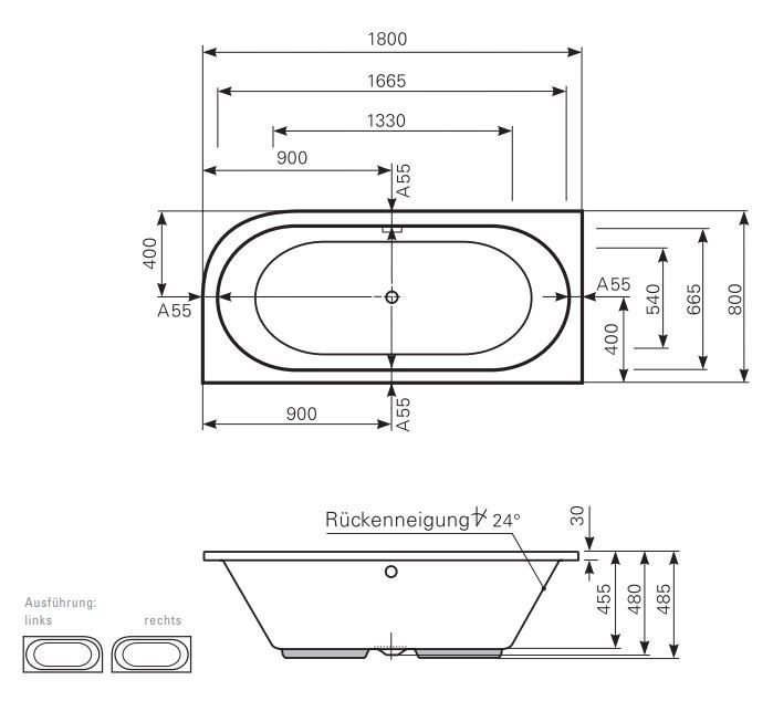 Ванна Mauersberger 1318000301 Primo 180x80 схема 1