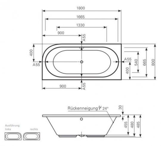 Ванна Mauersberger 1318000301 Primo 180x80 схема 1