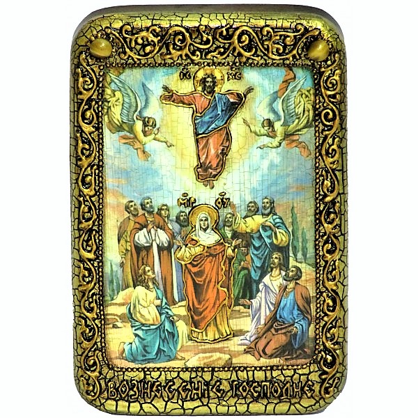 Инкрустированная настольная икона Вознесение Господне (10*15 см, Россия) на натуральном мореном дубе, в подарочной коробке