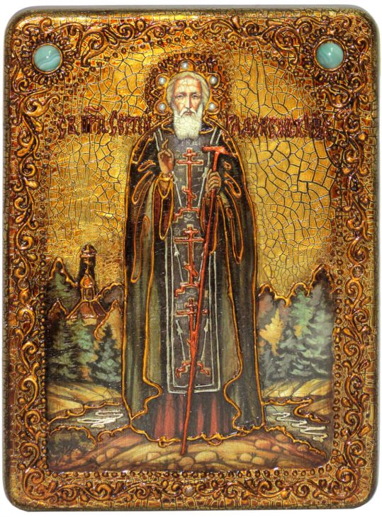 Инкрустированная аналойная икона Преподобный Сергий Радонежский Чудотворец (21*29  см, Россия) на натуральном мореном дубе в подарочной коробке