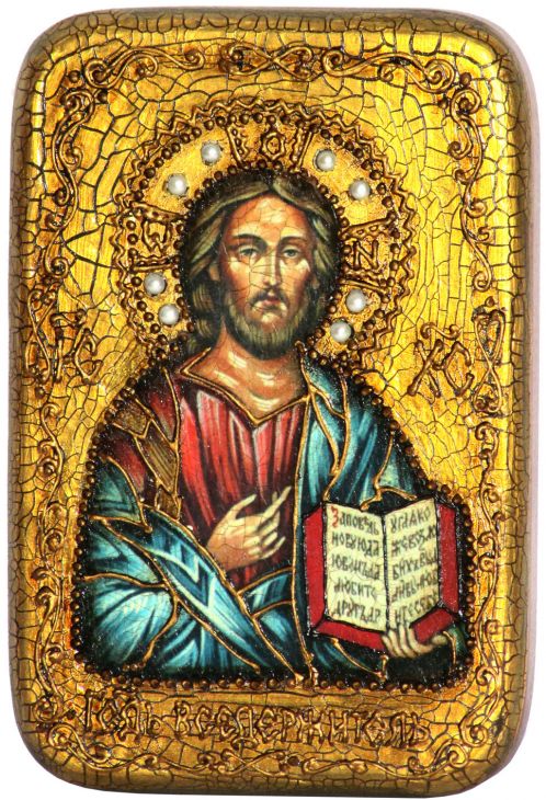 Инкрустированная настольная икона Господь Вседержитель (10*15 см, Россия) на натуральном мореном дубе, в подарочной коробке