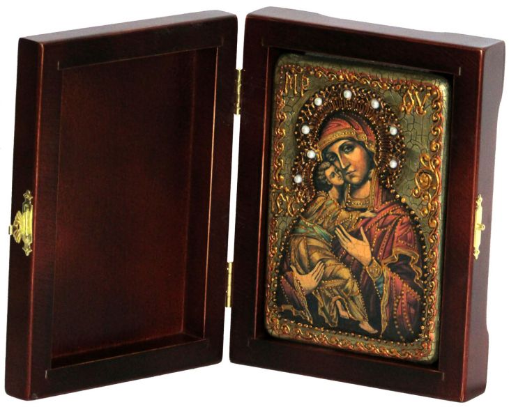 Инкрустированная настольная икона Божией Матери Владимирской (10*15 см, Россия) на натуральном мореном дубе, в подарочной коробке