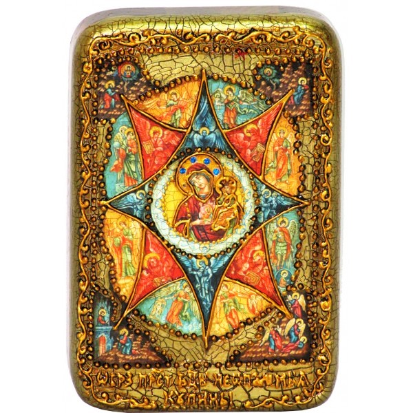 Настольная икона Божией Матери Неопалимая купина (10*15 см, Россия) на натуральном мореном дубе, в подарочной коробке