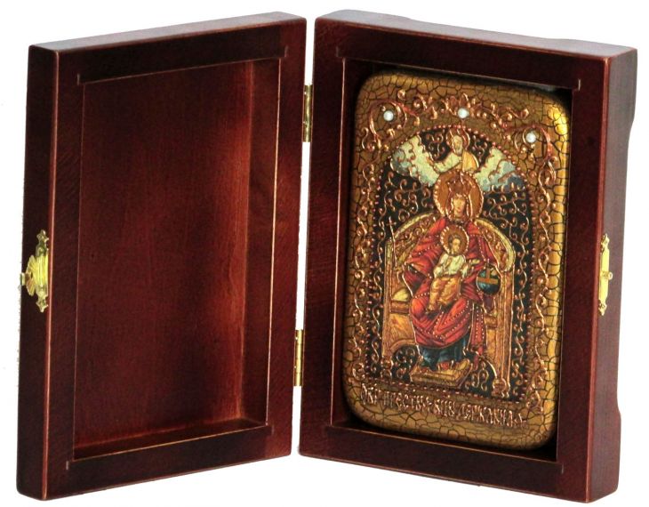 Инкрустированная настольная икона Божией Матери Державная (10*15 см, Россия) на натуральном мореном дубе, в подарочной коробке