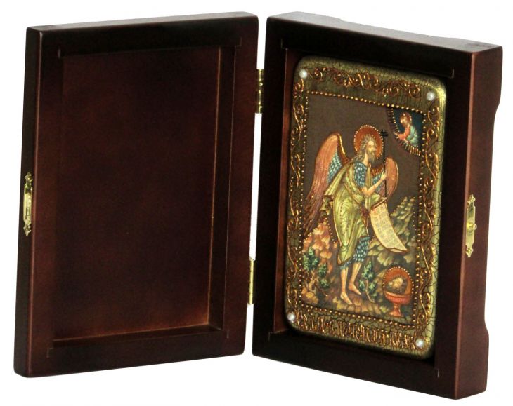 Инкрустированная настольная икона Пророк и Креститель Иоанн Предтеча (10*15 см, Россия) на натуральном мореном дубе, в подарочной коробке