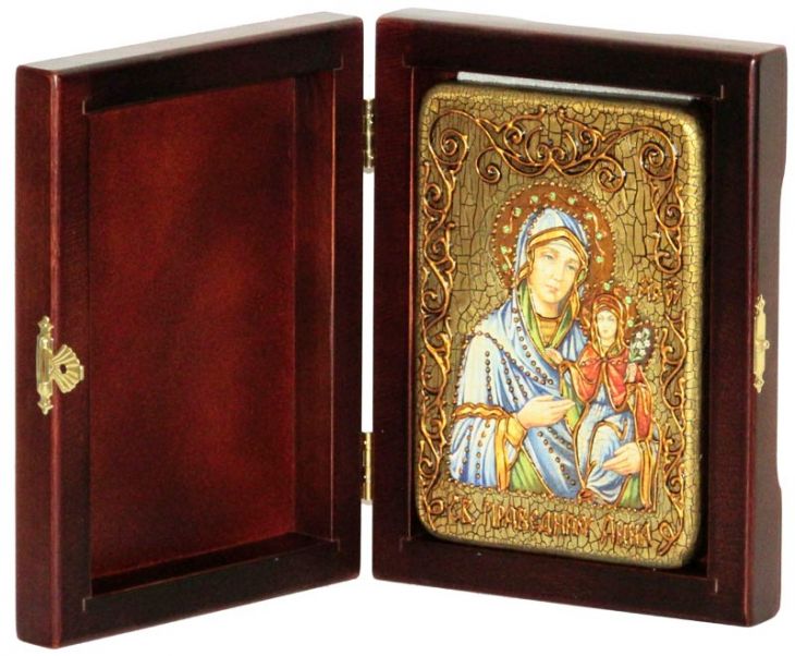 Инкрустированная настольная икона Святая праведная Анна, мать Пресвятой Богородицы (10*15 см, Россия) на натуральном мореном дубе, в подарочной коробке