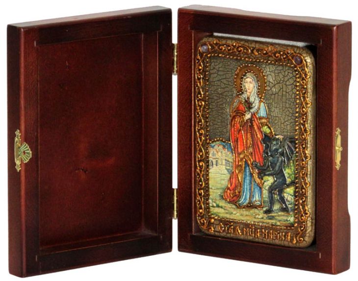Инкрустированная настольная икона Святая великомученица Марина (Маргарита) Антиохийская (10*15 см, Россия) на натуральном мореном дубе, в подарочной коробке