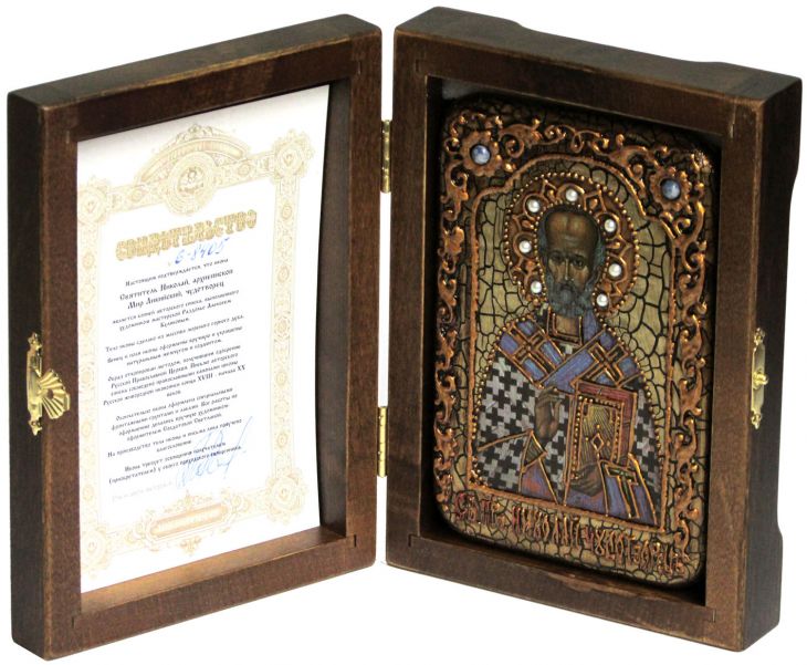 Инкрустированная икона Святитель Николай, архиепископ Мир Ликийский (Мирликийский) (10*15 см, Россия) на натуральном мореном дубе в подарочной коробке