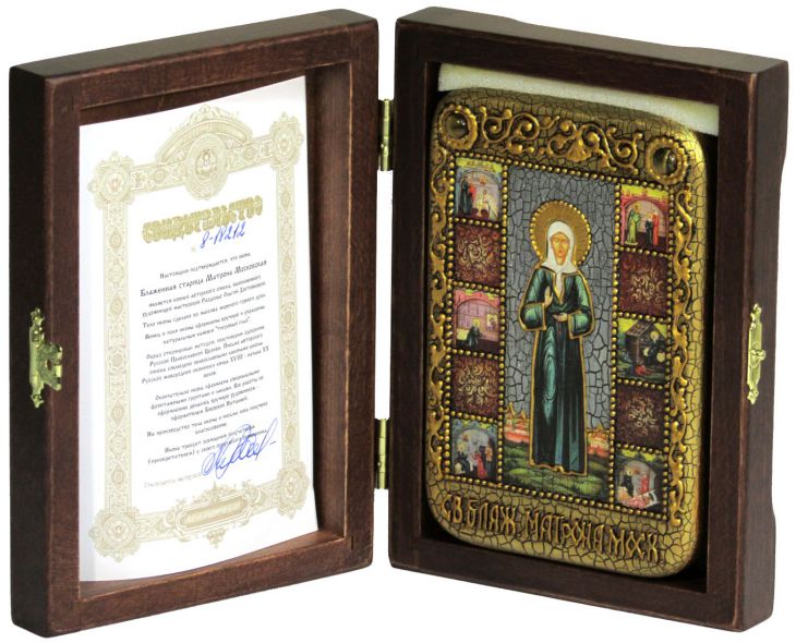 Настольная икона "Блаженная старица Матрона Московская" (10*15 см, Россия) на натуральном мореном дубе, в подарочной коробке