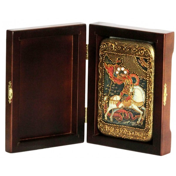 Инкрустированная настольная икона Чудо святого Георгия о змие (10*15 см, Россия) на натуральном мореном дубе, в подарочной коробке