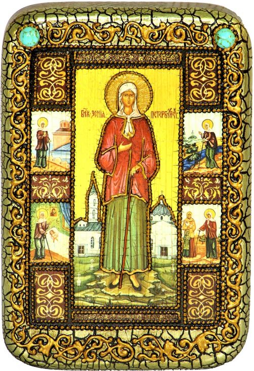 Инкрустированная настольная икона Святая Блаженная Ксения Петербургская (10*15 см, Россия) на натуральном мореном дубе, в подарочной коробке