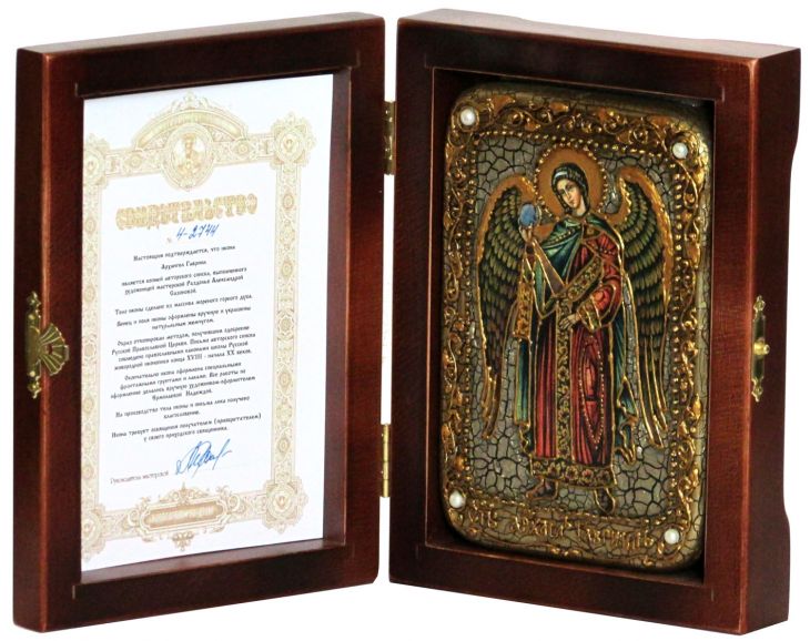 Инкрустированная подарочная икона Архангел Гавриил (10*15 см, Россия) на натуральном мореном дубе в подарочной коробке