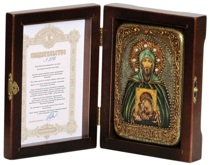 Инкрустированная икона Святой князь Игорь (10*15 см, Россия) на натуральном мореном дубе, в подарочной коробке