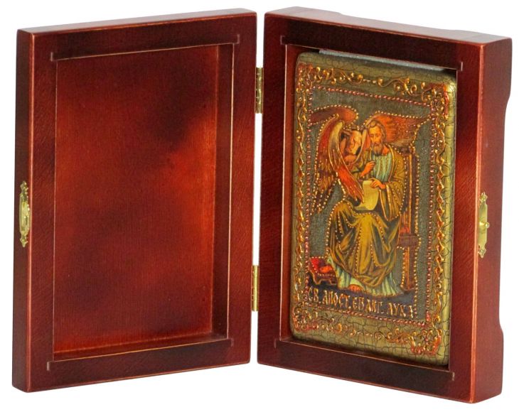 Инкрустированная настольная икона Святой апостол и евангелист Лука (10*15 см, Россия) на натуральном мореном дубе, в подарочной коробке