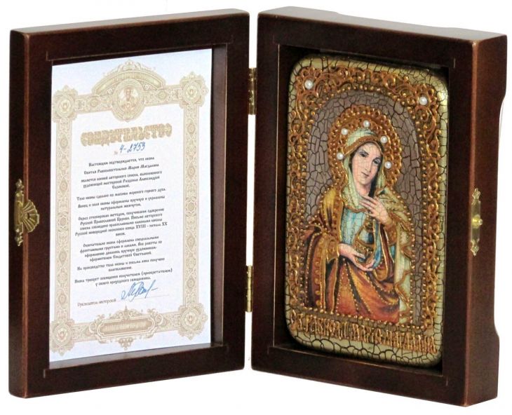 Инкрустированная настольная икона Святая Равноапостольная Мария Магдалина (10*15 см, Россия) на натуральном мореном дубе, в подарочной коробке