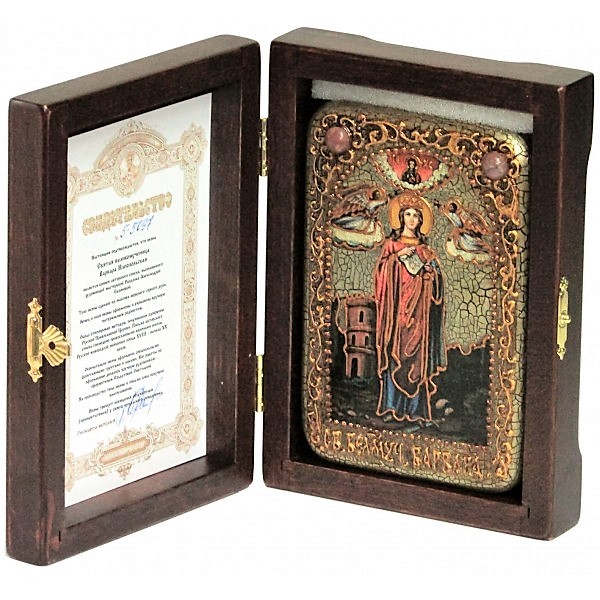 Инкрустированная рукописная икона Святая великомученица Варвара Илиопольская (10*15 см, Россия) на натуральном мореном дубе в подарочной коробке