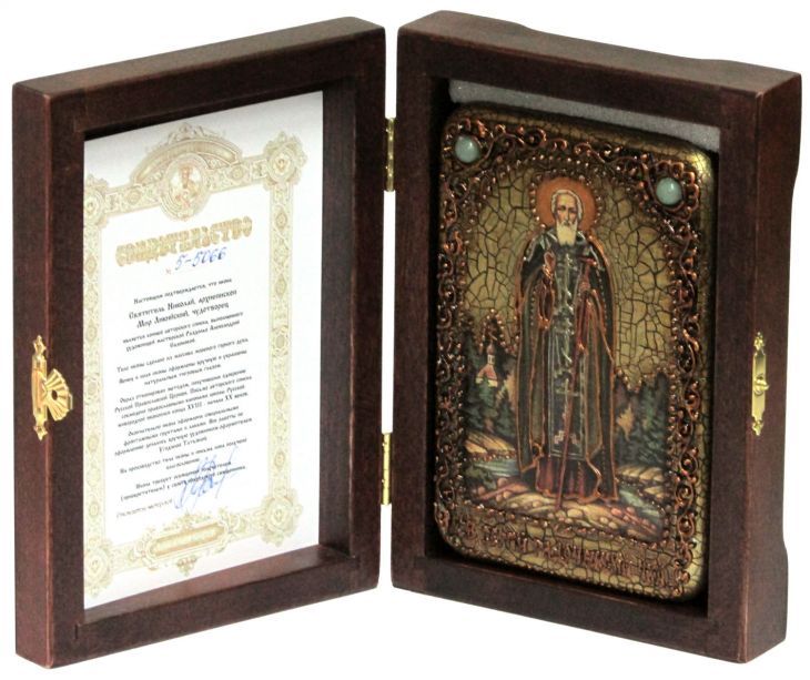 Настольная икона "Преподобный Сергий Радонежский чудотворец" (10*15 см, Россия) на натуральном мореном дубе, в подарочной коробке