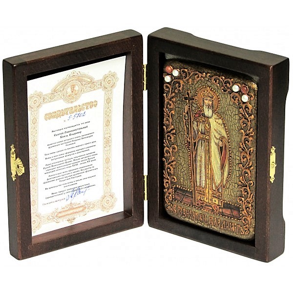 Инкрустированная настольная икона Святой равноапостольный князь Владимир (10*15 см, Россия) на натуральном мореном дубе, в подарочной коробке