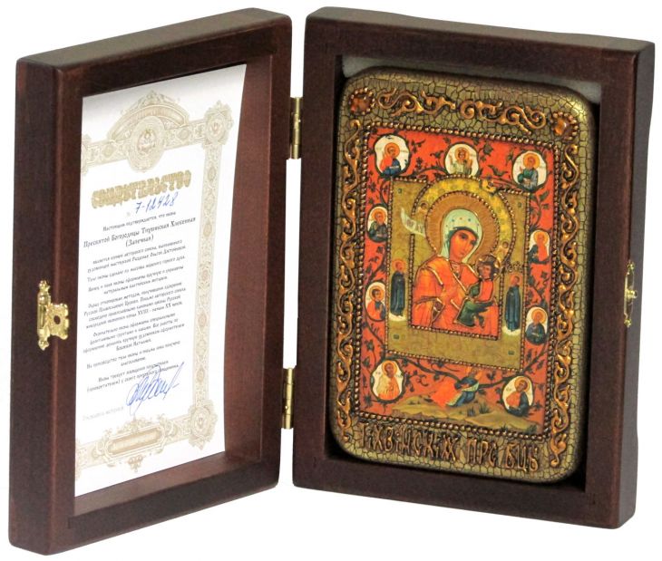 Настольная икона Образ Божией Матери "Тихвинская Хлебенная (Запечная)" на мореном дубе