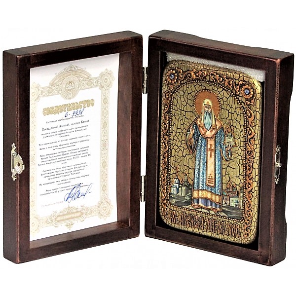 Инкрустированная настольная икона Святитель Алексий, митрополит Московский и всея России чудотворец (10*15 см, Россия) на натуральном мореном дубе, в подарочной коробке