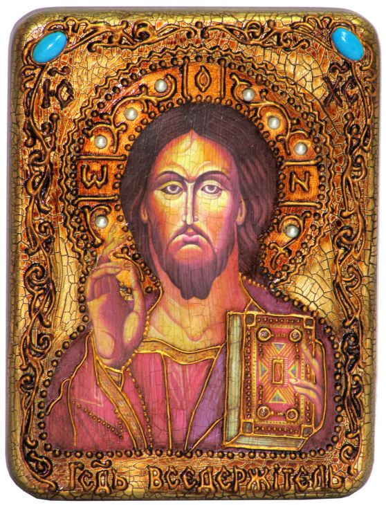 Инкрустированная подарочная икона Господь Вседержитель (15*20 см, Россия) на натуральном мореном дубе в подарочной коробке