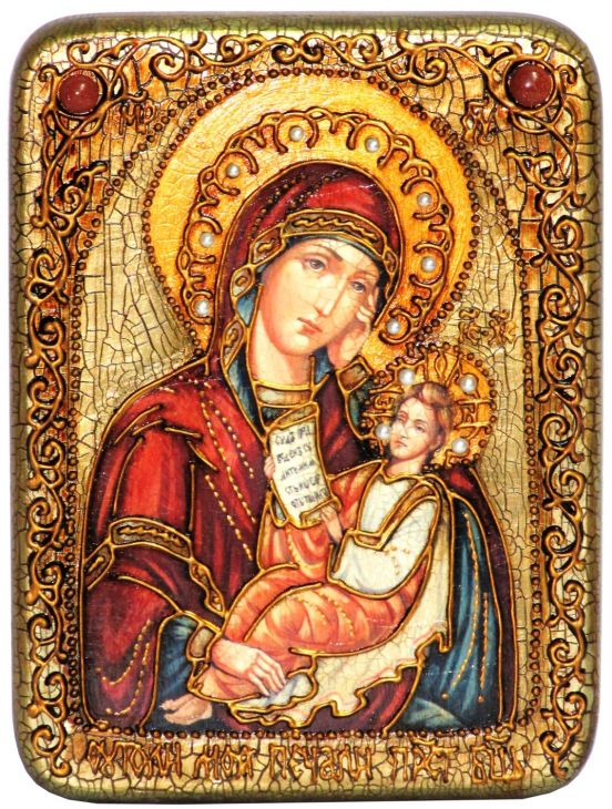 Инкрустированная подарочная икона Образ Божией Матери Утоли моя печали (15*20 см, Россия) на натуральном мореном дубе в подарочной коробке