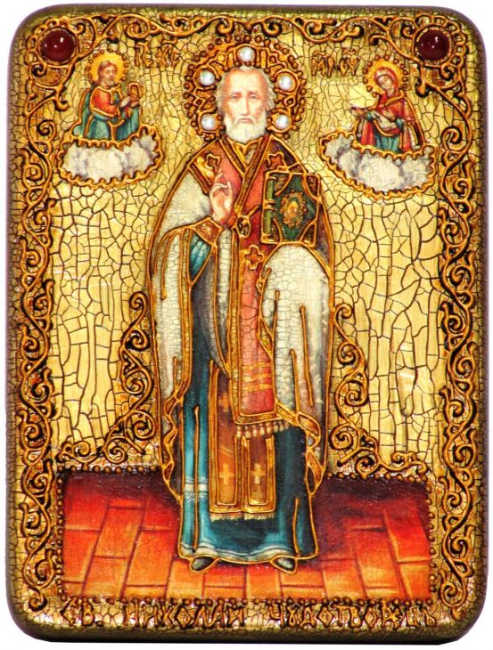 Инкрустированная подарочная икона Святитель Николай, архиепископ Мир Ликийский (Мирликийский), чудотворец (15*20 см, Россия) на натуральном мореном дубе в подарочной коробке