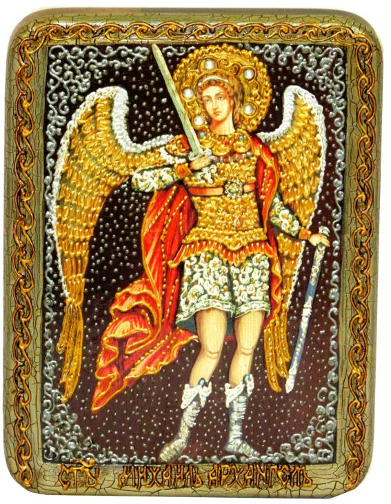 Инкрустированная подарочная икона Архангел Михаил (15*20 см, Россия) на натуральном мореном дубе в подарочной коробке
