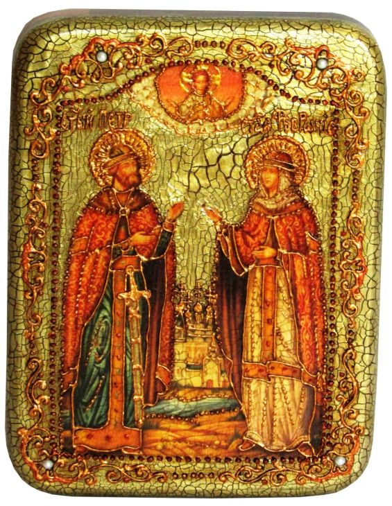 Инкрустированная подарочная икона Петр и Февронья (15*20 см, Россия) на натуральном мореном дубе в подарочной коробке