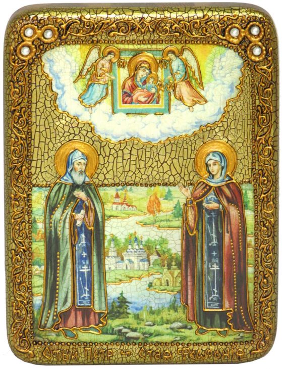 Инкрустированная подарочная икона Петр и Февронья (15*20 см, Россия) на натуральном мореном дубе в подарочной коробке