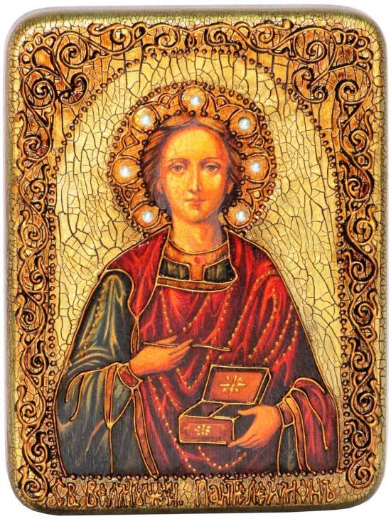 Инкрустированная подарочная икона Святой Великомученик и Целитель Пантелеймон (15*20 см, Россия) на натуральном мореном дубе в подарочной коробке