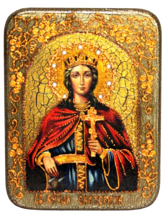 Инкрустированная подарочная икона Святая великомученица Екатерина (15*20 см, Россия) на натуральном мореном дубе в подарочной коробке Инкрустированная подарочная икона Святая великомученица Екатерина (15*20 см, Россия) на натуральном мореном дубе в подарочной коробке