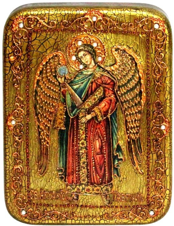 Инкрустированная подарочная икона Архангел Гавриил (15*20 см, Россия) на натуральном мореном дубе в подарочной коробке