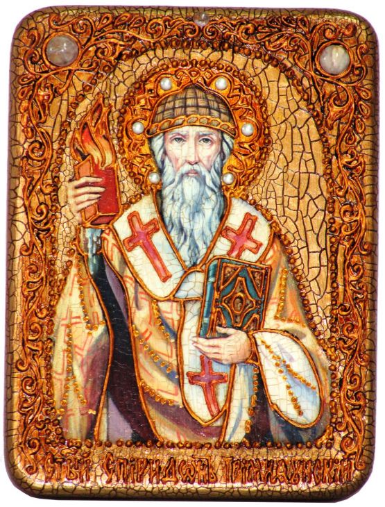 Инкрустированная подарочная икона Святитель Спиридон Тримифунтский (15*20 см, Россия) на натуральном мореном дубе в подарочной коробке