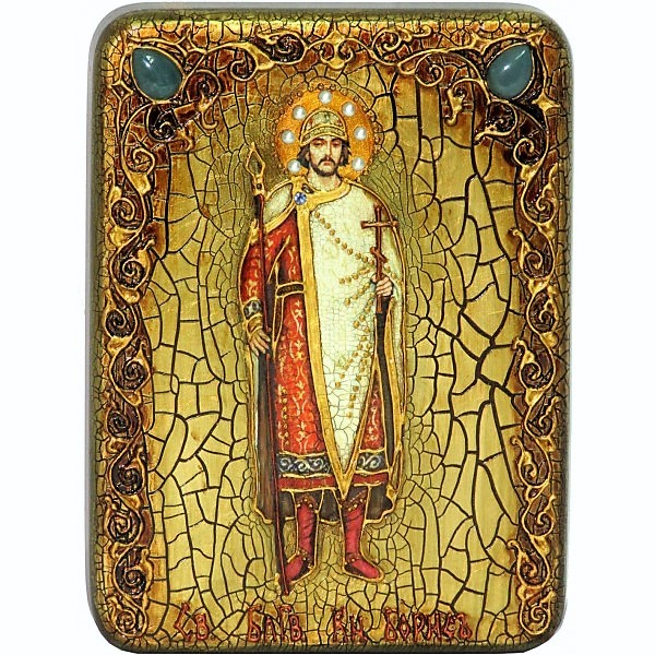 Инкрустированная подарочная икона Святой благоверный князь Борис (15*20 см, Россия) на натуральном мореном дубе, в подарочной коробке