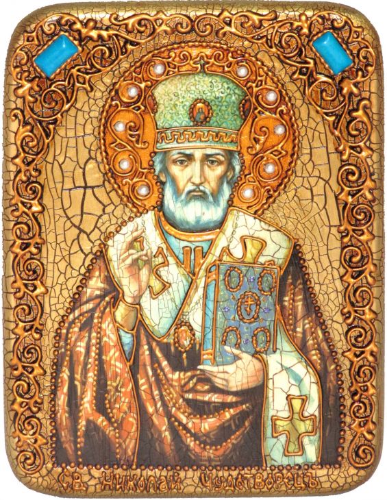 Инкрустированная икона Святитель Николай, архиепископ Мир Ликийский (Мирликийский) (15*20 см, Россия) на натуральном мореном дубе в подарочной коробке