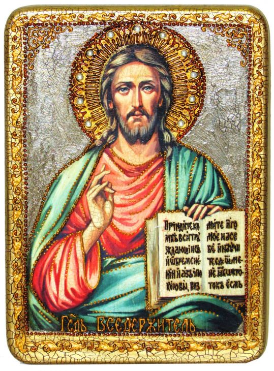 Инкрустированная аналойная икона Господь Вседержитель (21*29 см, Россия) на натуральном мореном дубе в подарочной коробке