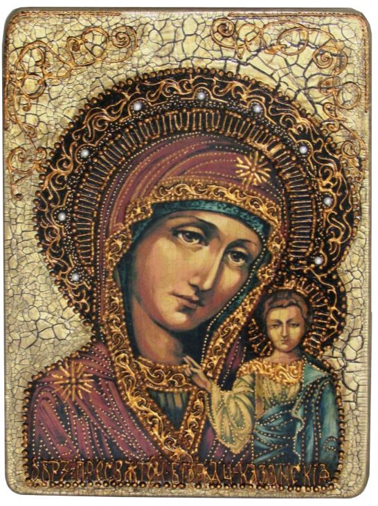 Инкрустированная аналойная икона Образ Божией Матери Казанской (21*29 см, Россия) на натуральном мореном дубе в подарочной коробке