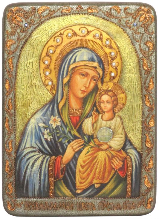 Подарочная икона Божией Матери "Неувядаемый Цвет" на мореном дубе