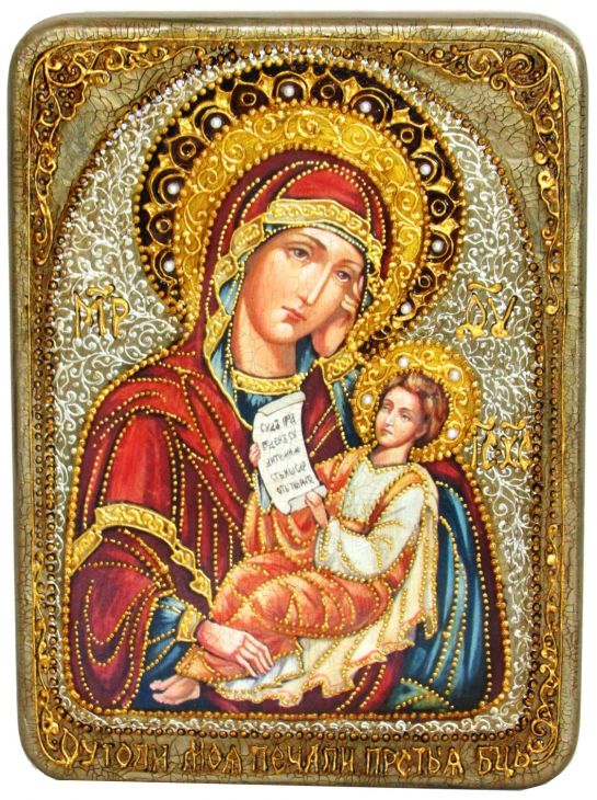 Инкрустированная аналойная икона Образ Божией Матери Утоли моя печали (21*29 см, Россия) на натуральном мореном дубе в подарочной коробке