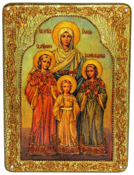 Инкрустированная аналойная икона Вера, Надежда, Любовь и мать их София (21*29 см, Россия) на натуральном мореном дубе в подарочной коробке