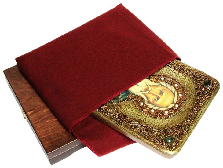 Инкрустированная аналойная икона Преподобный Сергий Радонежский чудотворец (21*29 см, Россия) на натуральном мореном дубе в подарочной коробке