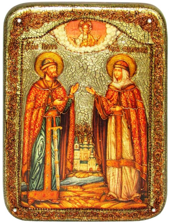 Инкрустированная рукописная икона Петр и Февронья (21*29 см, Россия) на натуральном мореном дубе в подарочной коробке
