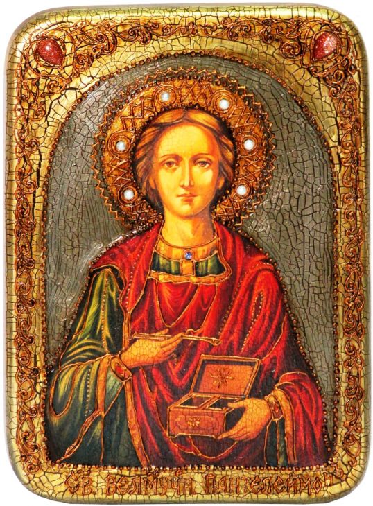 Инкрустированная аналойная икона Святой Великомученик и Целитель Пантелеймон (21*29 см, Россия) на натуральном мореном дубе в подарочной коробке