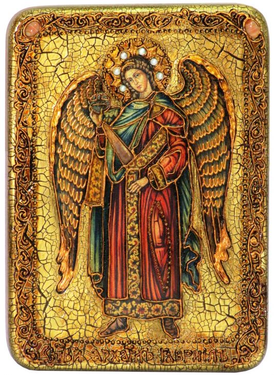 Инкрустированная аналойная икона Архангел Гавриил (21*29 см, Россия) на натуральном мореном дубе в подарочной коробке