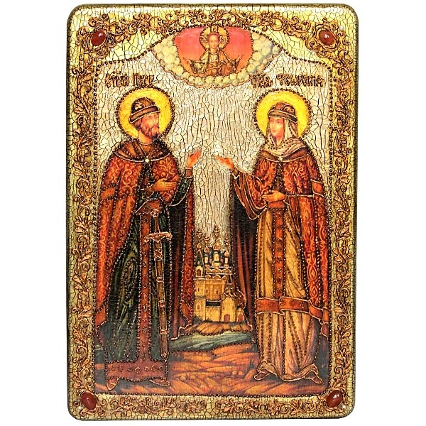 Инкрустированная рукописная икона Петр и Февронья (29*42 см, Россия) на натуральном мореном дубе в подарочной коробке