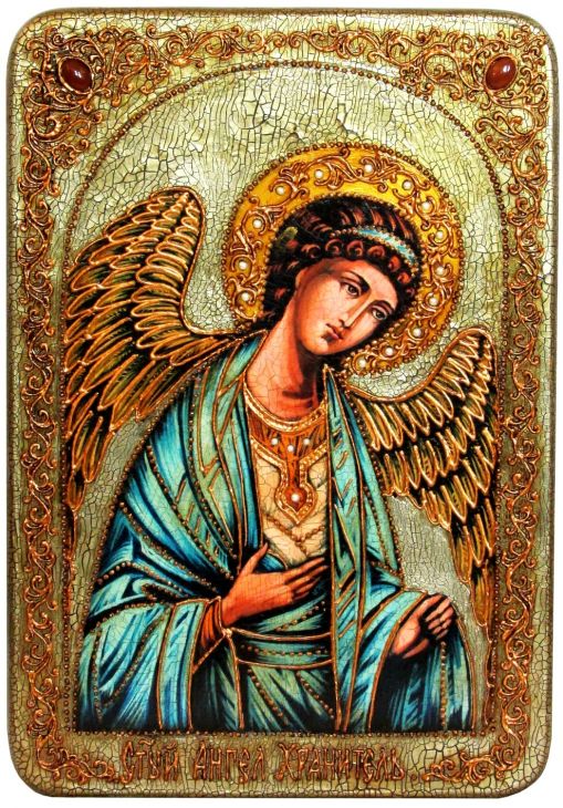 Инкрустированная большая икона Ангел Хранитель (29*42 см, Россия) на натуральном мореном дубе в подарочной коробке