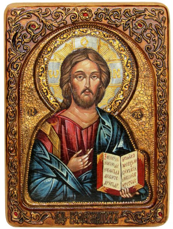Инкрустированная Живописная икона Господь Вседержитель (21*29 см, Россия) на натуральном кипарисе в подарочной коробке