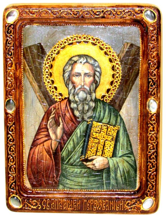 Инкрустированная Живописная икона Святой апостол Андрей Первозванный (21*29 см, Россия) на натуральном кипарисе в подарочной коробке Инкрустированная Живописная икона Святой апостол Андрей Первозванный (21*29 см, Россия) на натуральном кипарисе в подарочной коробке